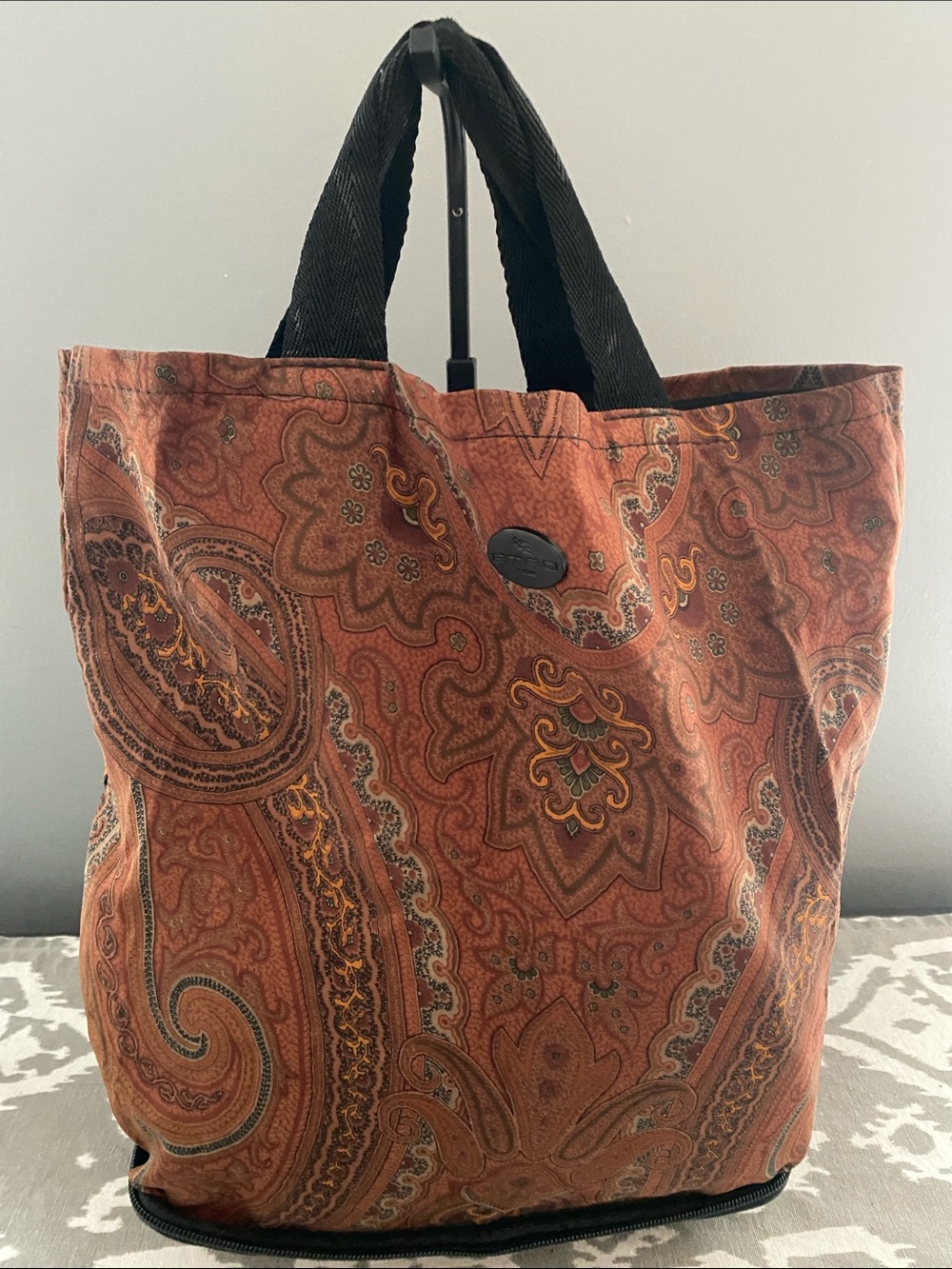 Etro Brown Paisley Canvas Collapsible Tote Bag with Certificate of Authenticity
